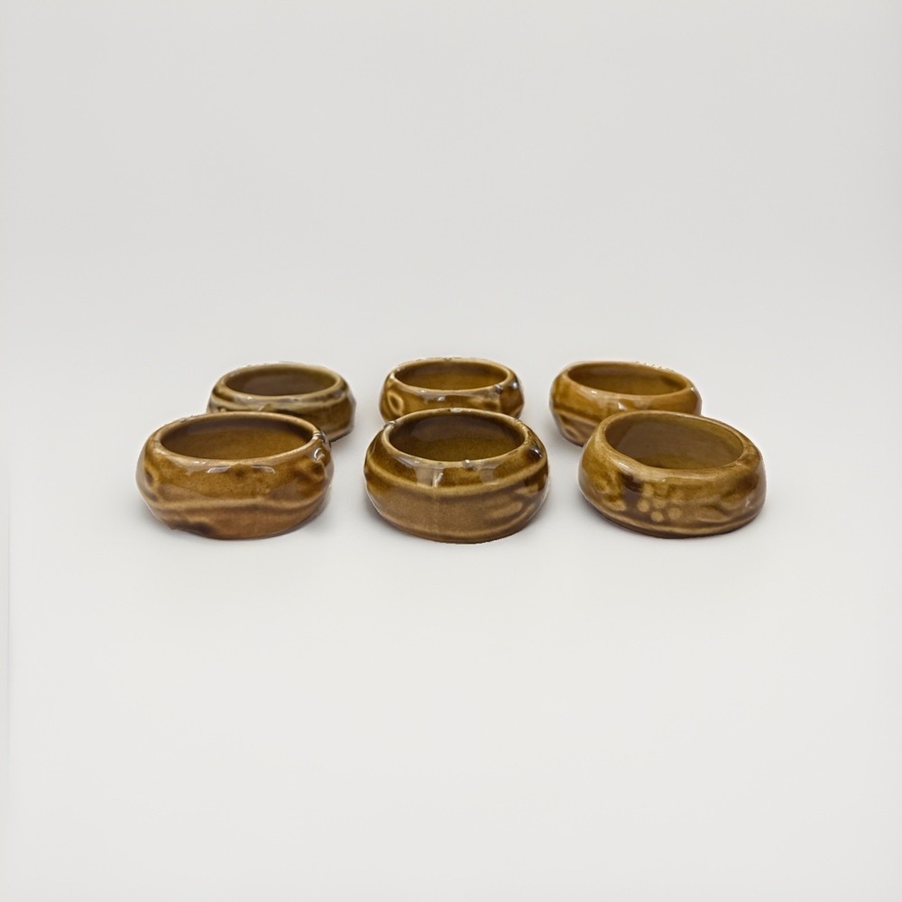 Set of 6 Vintage Ceramic Napkin Holders Pottery Brown Yellow Glaze